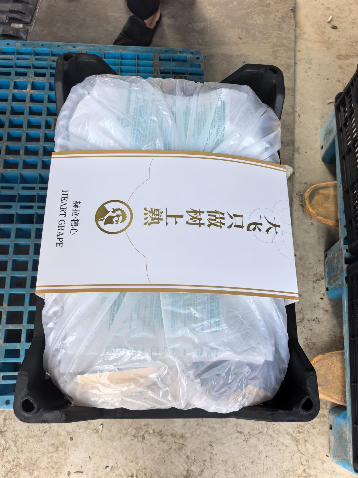 赫拉糖心白色烫金腰封礼盒，装在黑色周转筐里