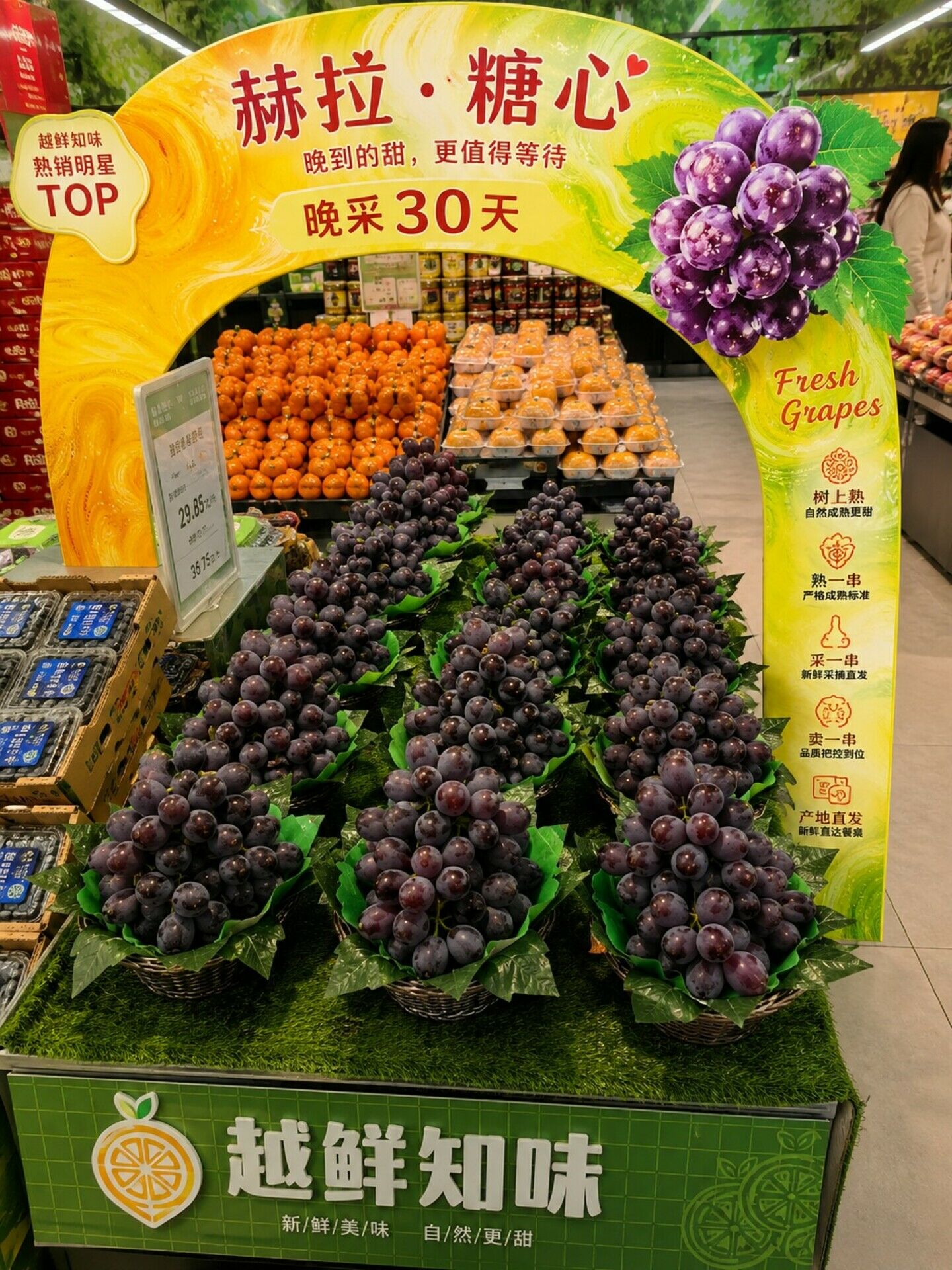 越鲜知味超市赫拉·糖心专柜陈列，品牌拱门展示，价格 29.85 元/斤