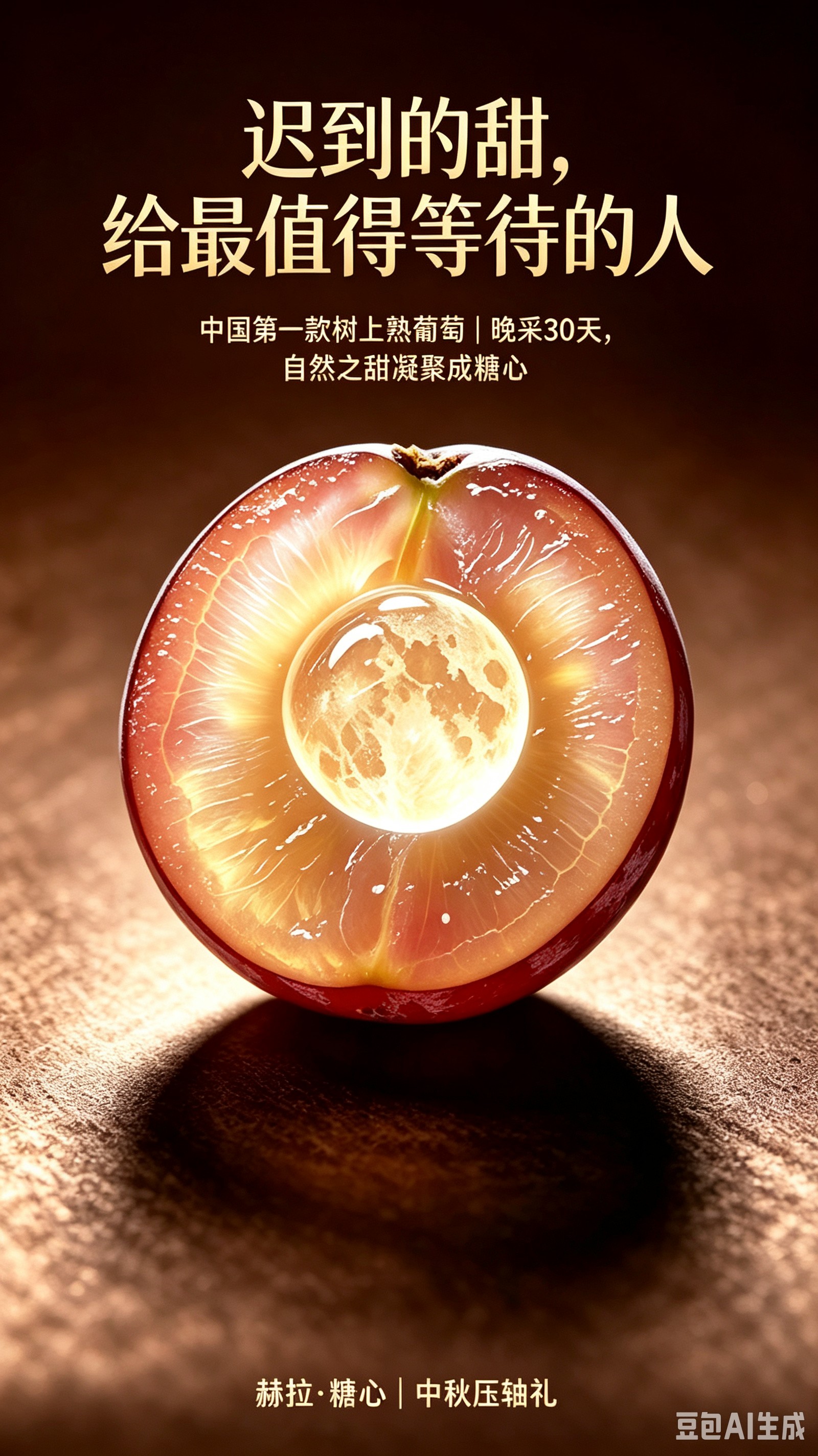 横切开的赫拉·糖心葡萄，中心透亮的糖心像一轮圆月，配文迟到的甜给最值得等待的人