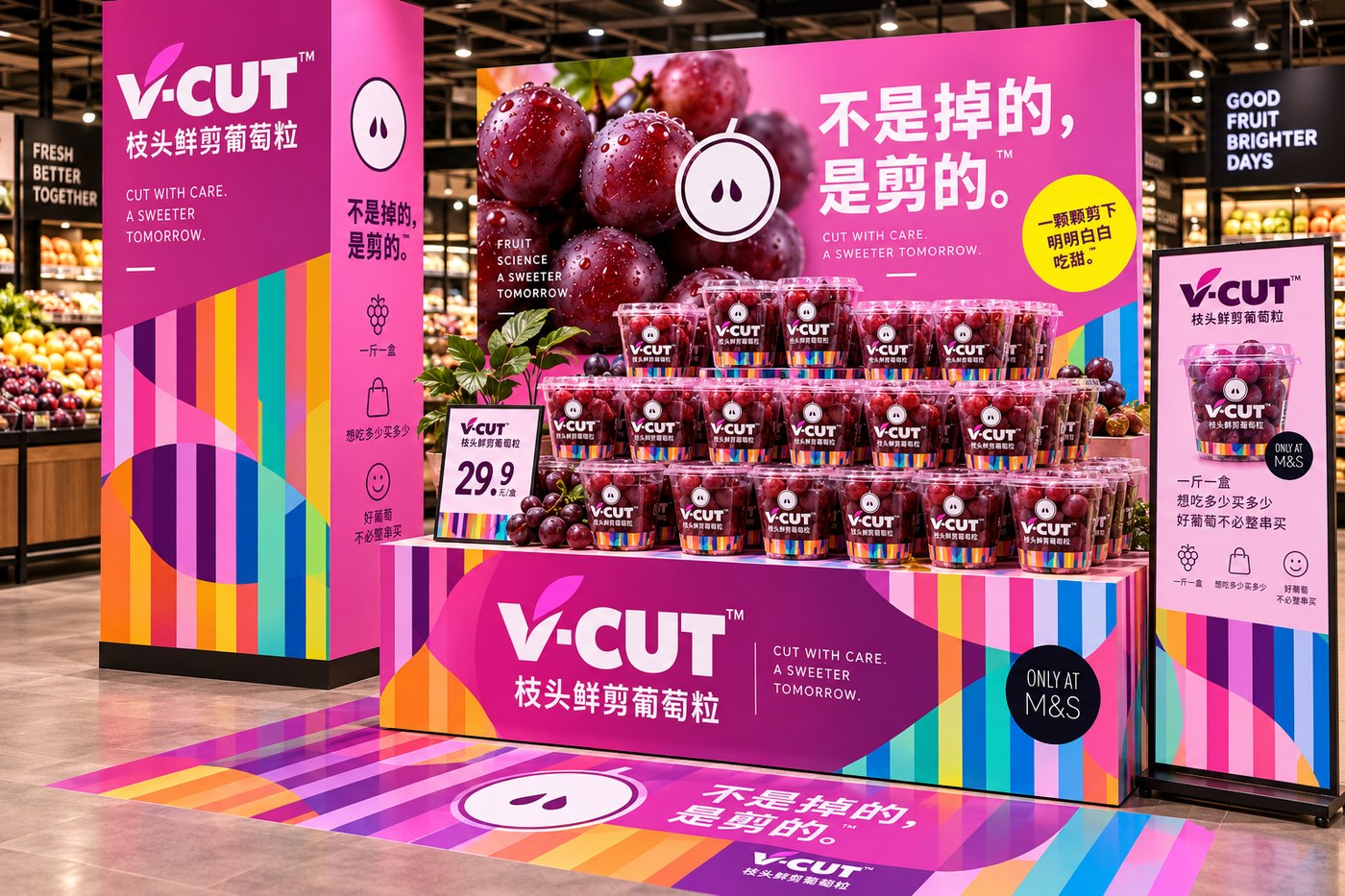 V-CUT 枝头鲜剪葡萄粒门店陈列，标语：不是掉的，是剪的